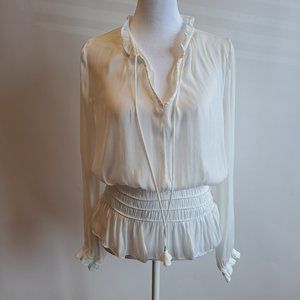 Women Current Air Long Sleeves White Silky Blouse Top Size XS